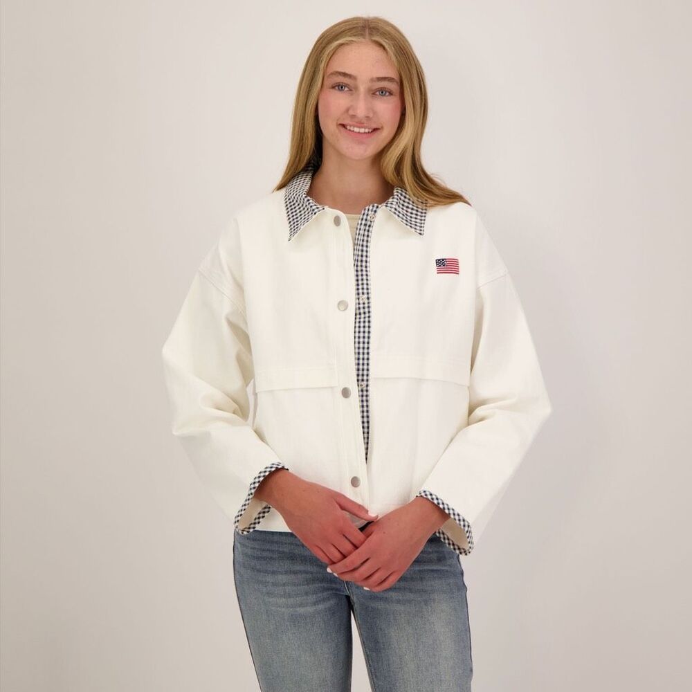 NWT Le Lis Americana Jacket Cream Navy Gingham Collar Cuffs Flag M